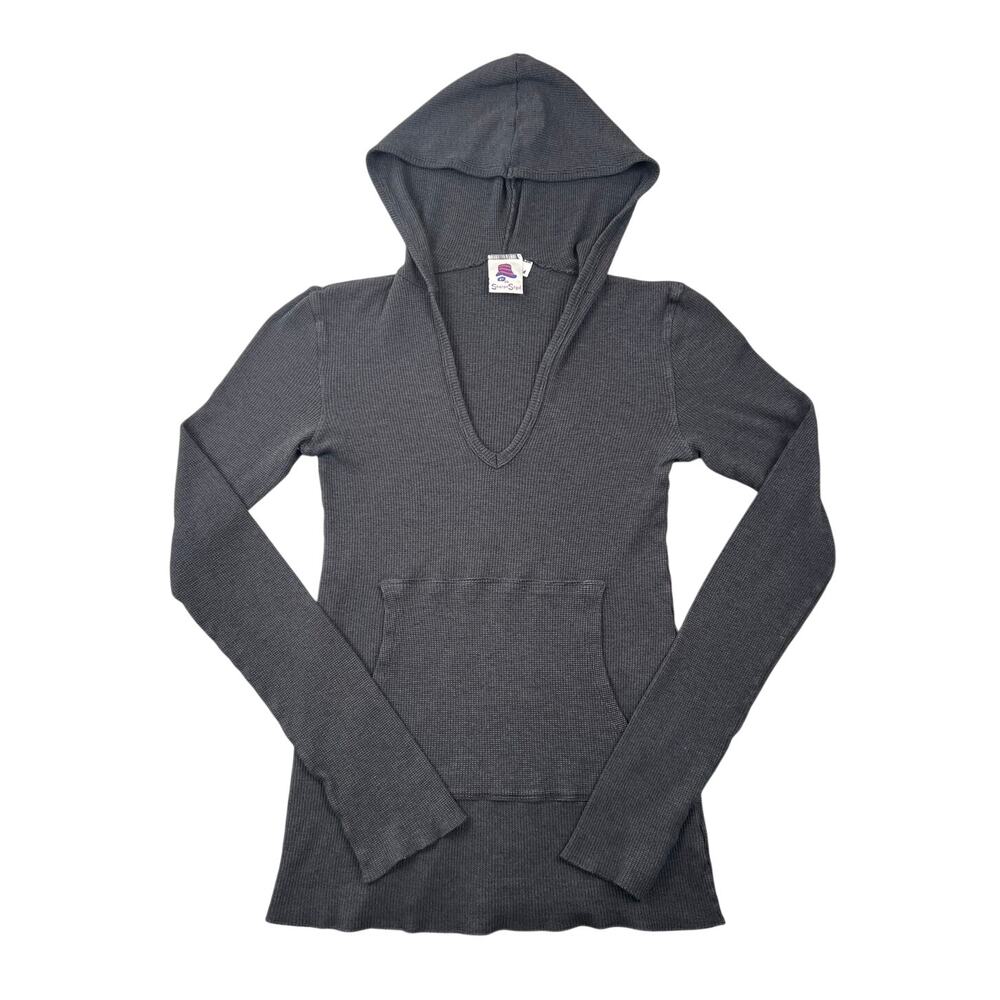 Sharon Segal Dark Gray Ribbed V-Neck Hooded Top Made in USA Minimalist Y2K - M